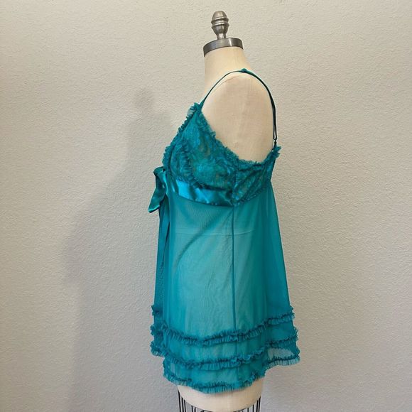 FREDERICK'S OF HOLLYWOOD Ruffled Sheer Cami / Nightgown Slip Green - Picture 5 of 11